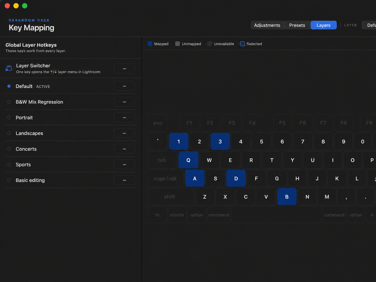 Darkroom Deck Layers view with separate keyboard layouts.