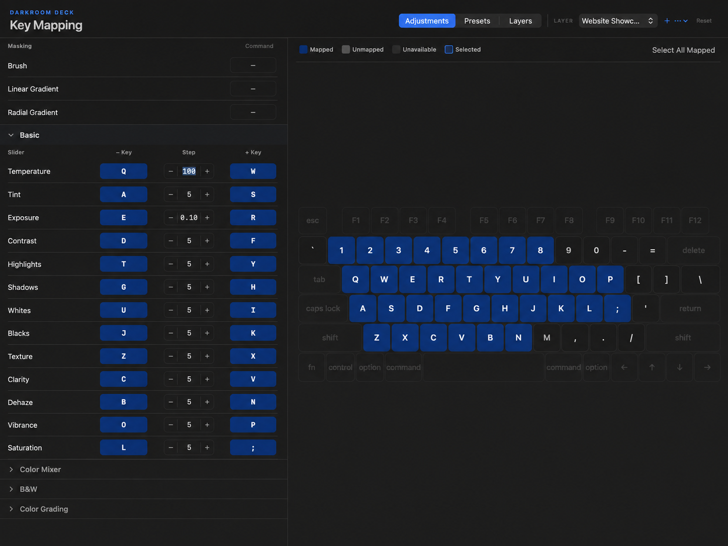 Darkroom Deck adjustment panels with Lightroom-style accordion controls.