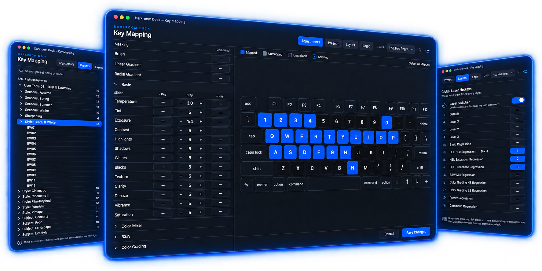 Darkroom Deck Key Mapping window showing Lightroom controls mapped to a keyboard.