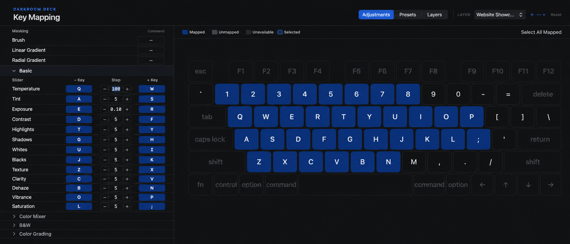 Darkroom Deck visual keyboard showing Lightroom controls mapped to physical keys.